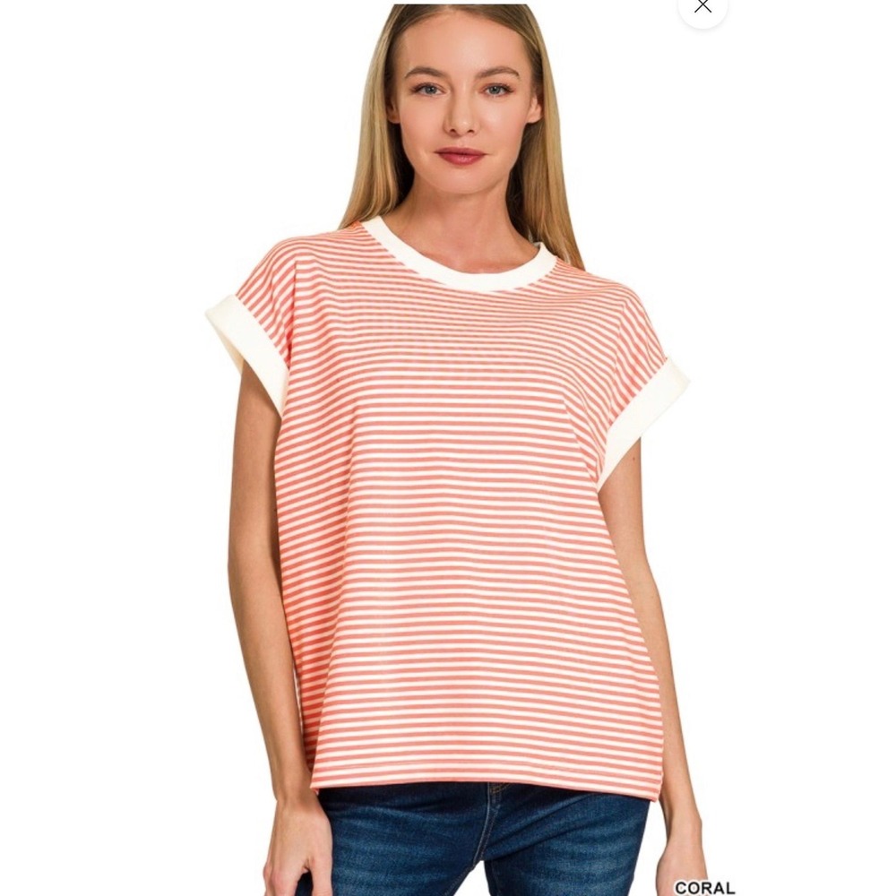 Zenana Coral White Striped Cuffed Short Sleeve Tee Shirt Small